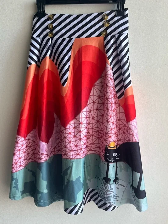 Loveu Dear Whimsical Color-Block A-Line Skirt Medium with Cat Motif white black - Picture 1 of 5